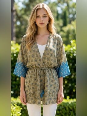 Zara Beige and Teal Drawstring Top